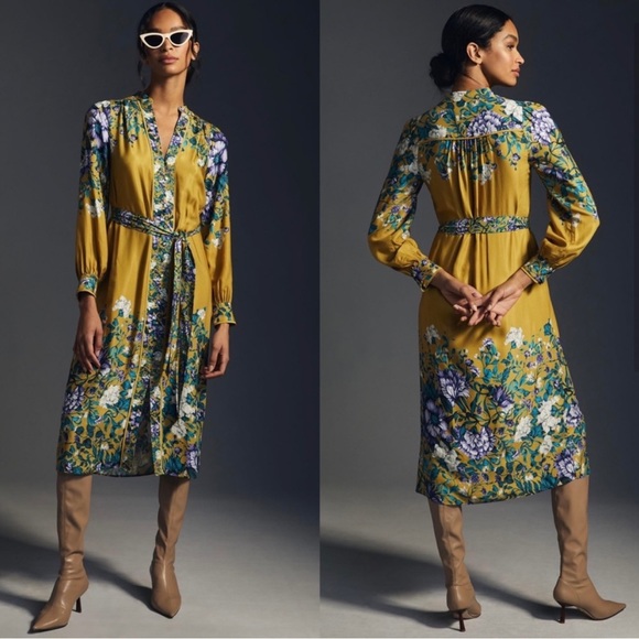 By Anthropologie Midi Shirt Dress in Yellow Gold and Blue Floral- Size Small - Picture 3 of 9